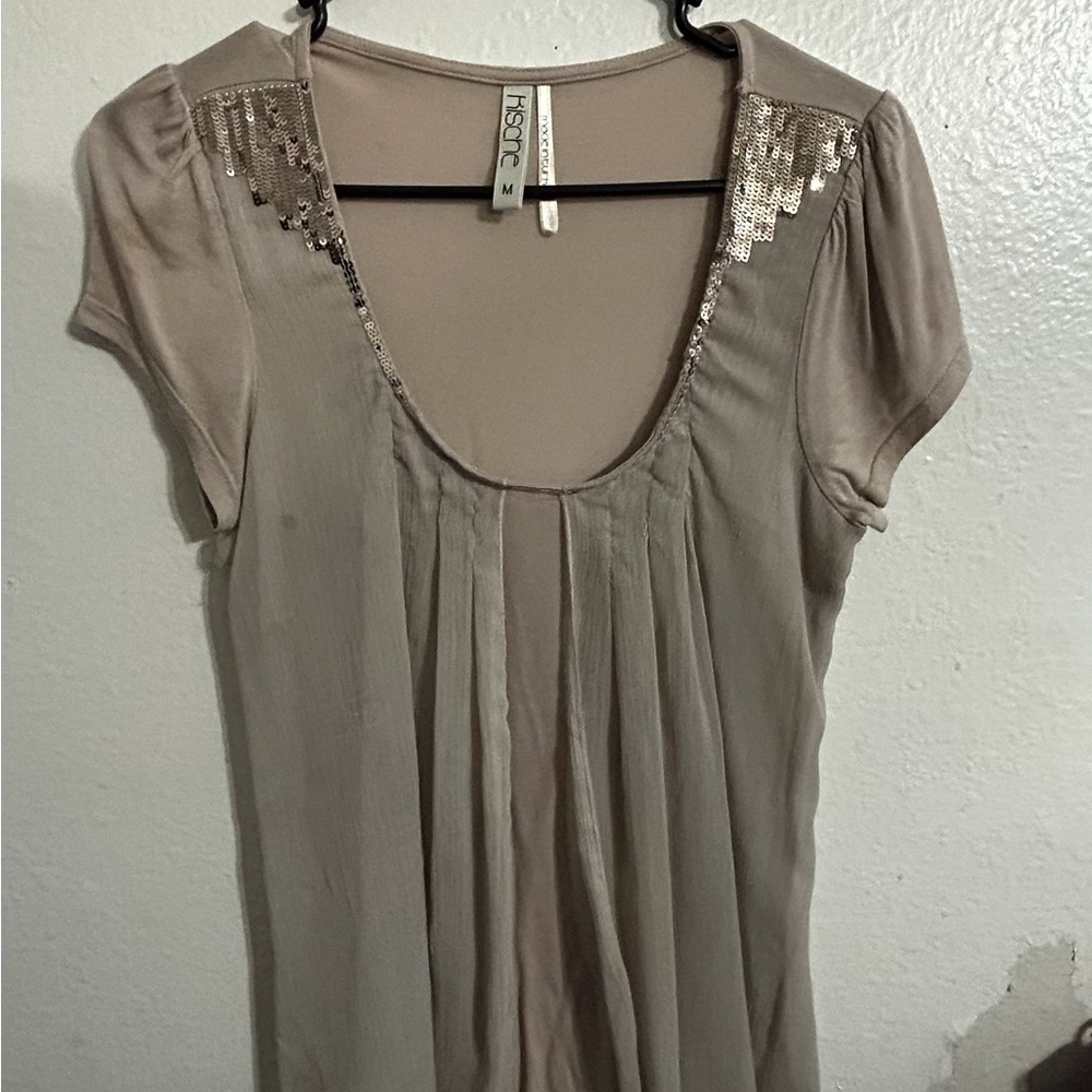 Kische Tan Blouse with Pleated Sequin Details